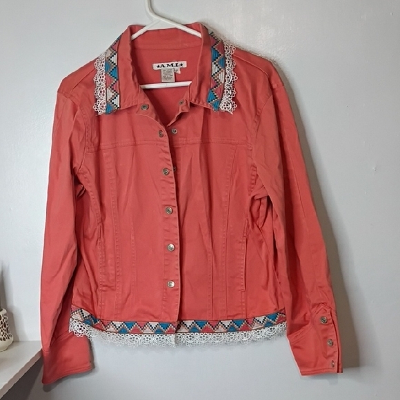 Ami Peachy Orange Coral Shabby Chic Western Jacket w/ Lace Collar Trim M - Picture 2 of 10